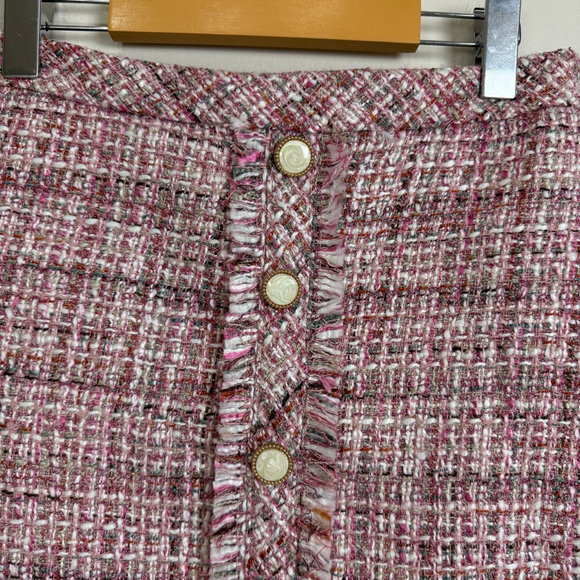 ROSE UNIVERSE Skirt Women Size Large Pink Tweed Woven Fringe Trim Faux Pearl - Picture 3 of 11